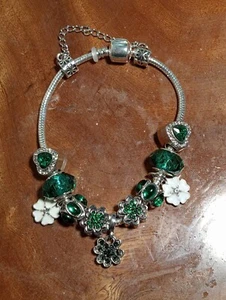 BAOPON 925, X 11 Emerald & Jewel Beads Snake Charm Bracelet 21cm & Safety Chain - Picture 1 of 2