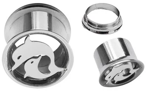 Ohr Piercing Schmuck Flesh Tunnel Plug mit Delphin Motiv Stahl in 8-14mm Stärke - Bild 1 von 2