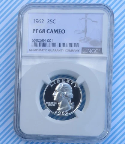 1962 NGC PF 68 Cam Washington Silver Quarter, Gem Proof 68 Cameo 25-Cent Coin Cover