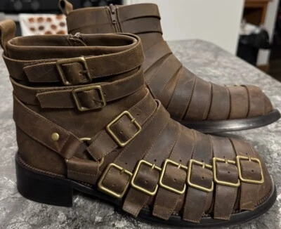 Jeffrey Campbell Belted Up Brown Leather Biker Boots Side Zip Sz 10 - Image 1 of 4