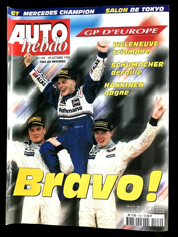 AUTO HEBDO 1109 du 29/10/1997; GT Mercedes Champion/ Villeneuve triomphe - Photo 1/2