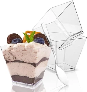 50 Pack 3.5 Oz Square Dessert Cups with Spoons, Mini Plastic Parfait Appetize... - Picture 1 of 1
