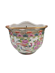 Famille Rose Porcelain Wall Pocket Vase Pink Roses & Birds Asian Chinoiserie - Picture 1 of 15