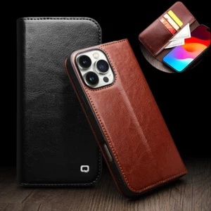 Funda tipo billetera de cuero genuino real QIALINO abatible para iPhone 12 13 14 15 16e - Imagen 1 de 17