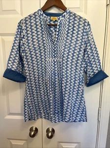 Roberta Roller Rabbit Tunic Top Sz S Blue White Print Pintucks Pleated Darling! - Picture 1 of 10