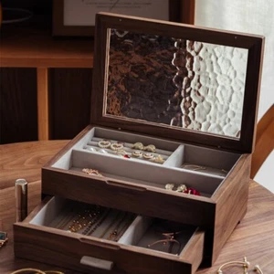 Nussbaum Schmuck Aufbewahrungsbox Geschenk Doppel Holz Halskette Ring Ohrring Vintage - Bild 1 von 15