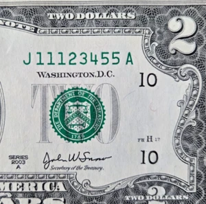 $2 Five Digit Chunky Ladder Fancy Serial TWO Dollar J11123455A 1s 2s 3s 4s 5s - Picture 1 of 3