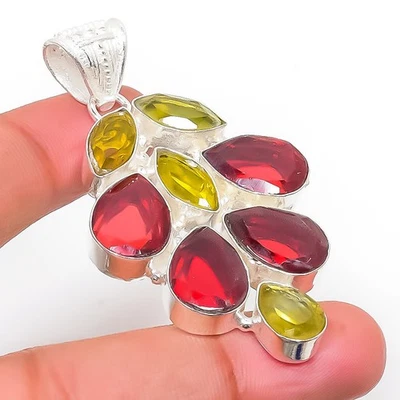 Mozambico Granato, Citrino Gemma 925 Argento Sterling Ciondolo Gioielli 5.5cm - Immagine 1 di 4