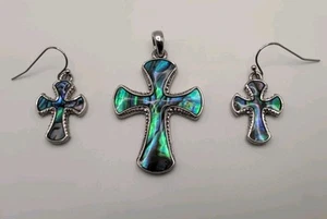 Cross Pendant with Matching Earrings - Blue Green Stone & Silver Backing - USED - Picture 1 of 7