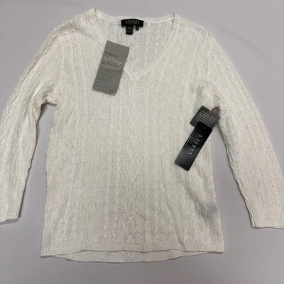 Suéter Ralph Lauren Mujer Mediano Pequeño 100% Lino Blanco Encaje Cuello en V Nuevo $100 Foto 1 de 4