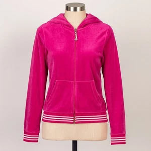 Juicy Couture Giacca con cappuccio e zip velluto media rosa caldo righe argento Y2K Vintage - Foto 1 di 11