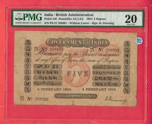 India British Administration 5 Rupee P# A6i 1924 Without Letter PMG VF 20 Lt 193 - Picture 1 of 2