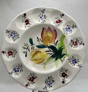 Vintage Ceramic Round Tulips Floral Deviled Egg Plate Platter Serving Tray 9.5” - Picture 1 of 4