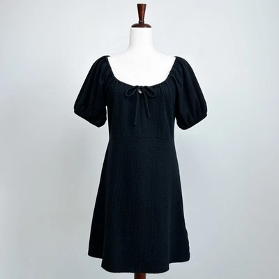 Madewell Textured Black Scoop Neck Puff Sleeve Mini Dress - Image 1 of 4