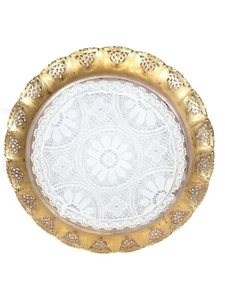 Vtg Reticulated Serving Tray Glass Encased Doily Tin Rim West Germany 14 1/2" - Picture 1 of 6