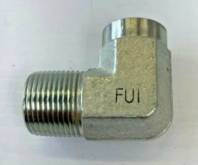 HYDRAULIC MALE TO FEMALE 90° ELBOW 1/2" FNPT X 3/4" MNPT - Image 1 of 3