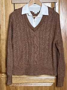 RACHEL ZOE Damen S Zopfmuster Pullover braun hellbraun integrierter weißer Kragen Academic - Bild 1 von 4