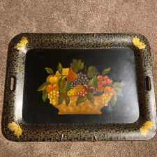 Large Antique Toleware Tray Black w Ornate Fruit Basket Scene 29.5 x 21.75"