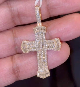 10K YELLOW GOLD 2.25 CARAT NATURAL DIAMOND 2 INCHES CROSS PENDANT CHARM - Picture 1 of 1