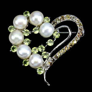 Round Peridot 2mm Sapphire Pearl Gemstone 925 Sterling Silver Jewelry Brooch