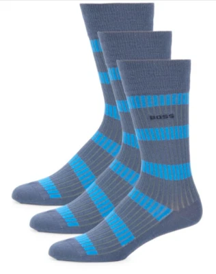 Paquete de 3 calcetines de punto acanalado de algodón a rayas azules para hombre Hugo Boss talla única 7-13 Foto 1 de 4