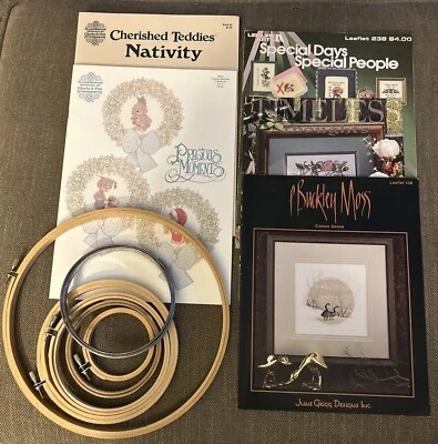 Lot of 5 Cross Stitch Booklets Patterns & 6 Hoops ~ - Image 1 of 4