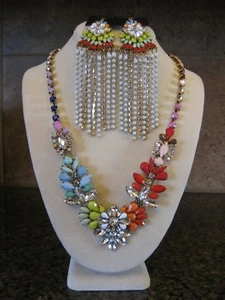 STEVE MADDEN Necklace & Pierced Earrings w/ BIG Colorful Rhinestone Flowers NOCs - Picture 1 of 12