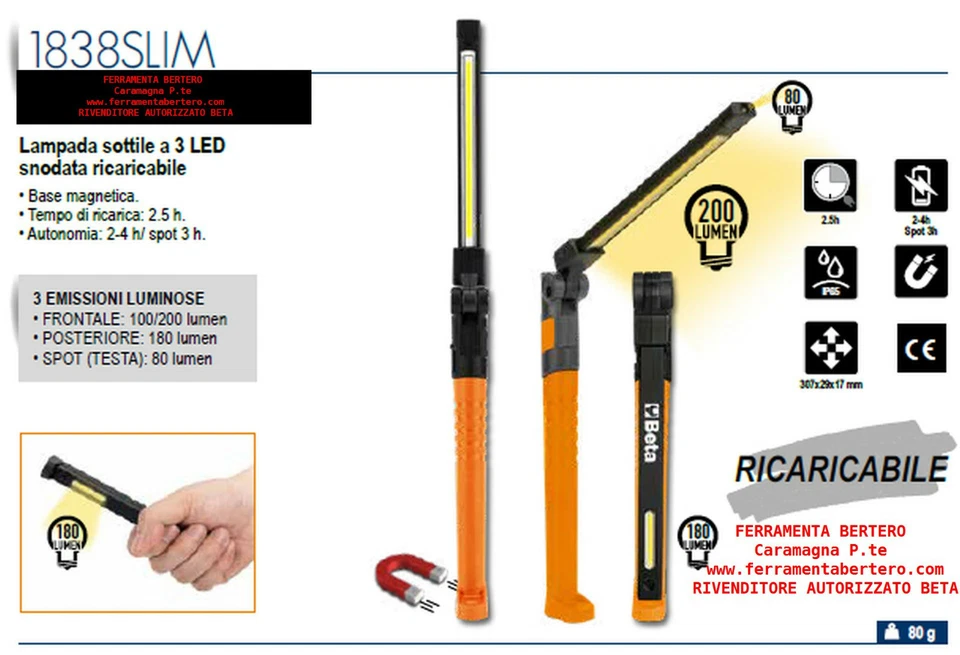 BETA TOOLS BETA 1838slim torcia lampada 3 LED snodo ricaricabile magnetica portatile 200LM