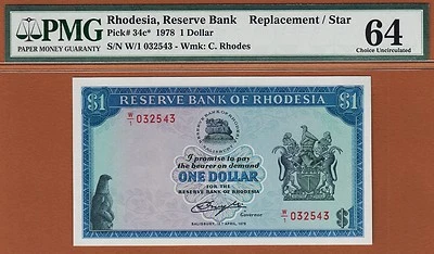 Rhodesia $1 Replacement *W/1* 1978 Pick-34c Ch UNC PMG 64 - Image 1 of 2