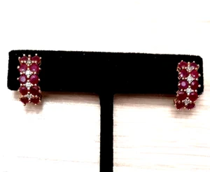 Vintage 14K Yellow Gold Pink Ruby Diamonds Accent Screw Back Stud Earrings - Picture 1 of 15