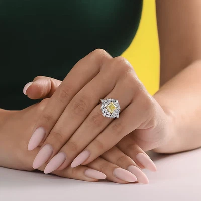 18K White Gold Ring IGI Fancy Vivid Yellow Diamond Cushion Cut 3.60 Ct Lab Grown - image 1 of 4