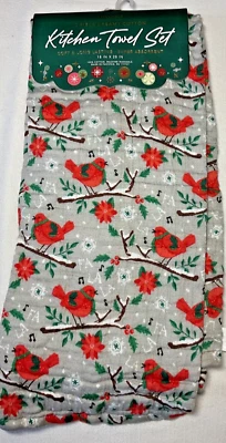ENVOGUE KITCHEN TOWELS (2) CARDINALS BIRDS GRAY 100% COTTON GAUZE 16 X 28 NWT