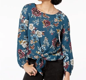 BCX Women Junior's Printed Floral Long Sleeve Tie Top Blouse Size S - Picture 1 of 2