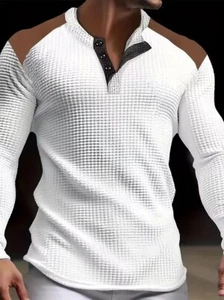 Stylish Men Autumn Waffle Knit Henley Shirt Long Sleeve Tops Sports Leisurewear - Picture 1 of 6