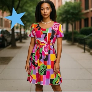 Albert Nipon Silk Vintage 80's Multicolor Bright Graphic Print Women Dress XS S - Imagen 1 de 13