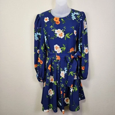 Eliza J Floral Fit & Flare Dress Knee Length 3/4 Sleeve Navy Garden Belt Party 8 - Image 1 of 4