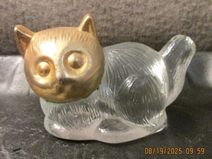 Glass Paperweight Clear Kitten Cat with Metallic Gold Head - Picture 1 of 9