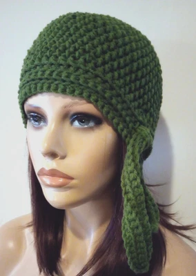 crochet womans handmade biker skull hat beanie chemo sea turtle green - Image 1 of 3
