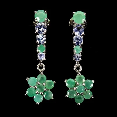 925 Sterling Silver Earrings Round Emerald 4mm Tanzanite Gemstone Jewelry - Image 1 of 4