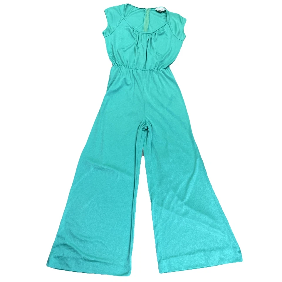 Vtg 70s JC Penney Bright Green Jumpsuit Loungewear Bell Bottom Nylon Size M - Image 1 of 4