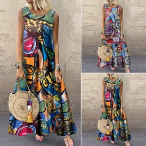 Women's Casual Loose Tank Sundress Abstract Print Vintage Kaftan Long Maxi Dress - Picture 1 of 11