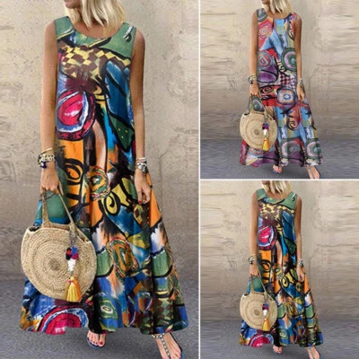 Women's Casual Loose Tank Sundress Abstract Print Vintage Kaftan Long Maxi Dress - Image 1 of 4