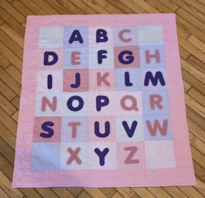 Handnade Baby Girl Crib Quilt Alphabet A Z Soft Pink Purple 43 X 37" Blanket EUC - Picture 1 of 7