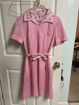 60s 70s Smartee Floral Fit & Flare Dress Pink Rockabilly Med Belt Tradwife Zip Foto 1 de 4