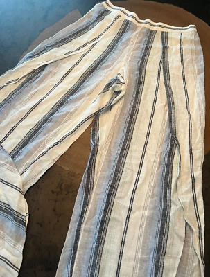 DREW STRIPED BLUE GREY WHITE LINEN BLEND FLOWY PANTS W SIDE SLIT SZ L - Image 1 of 4