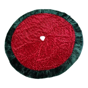 Christmas Tree Skirt Red Crushed Velvet Green Metallic Silver Trim 46" Diameter - Picture 1 of 7
