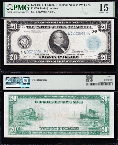 Choice Fine Graded 1914 $20 NEW YORK Federal Reserve Note! PMG 15! FREE SHIP! Cover