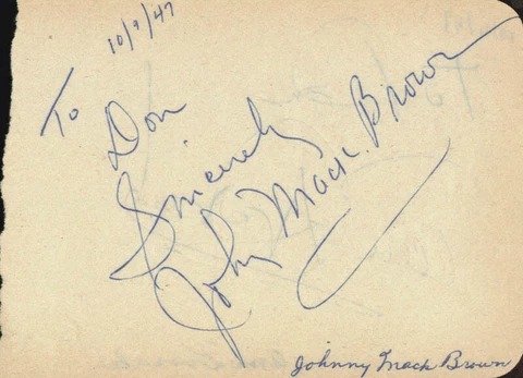 JOHNNY MACK BROWN - AUTOGRAPH NOTE SIGNED CIRCA 1947 CO-SIGNED BY: ANN DVORAK Cover