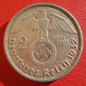 GERMAN 1937 SILVER COIN 2 Reichsmark Paul von Hindenburg F Stuttgart, Germany - Picture 1 of 22