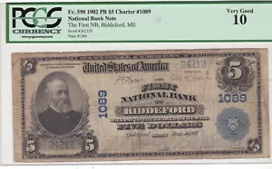 1902 Series US National Banknote Biddeford Maine $5 VG 10 PCGS Grade Large Note - Picture 1 of 2